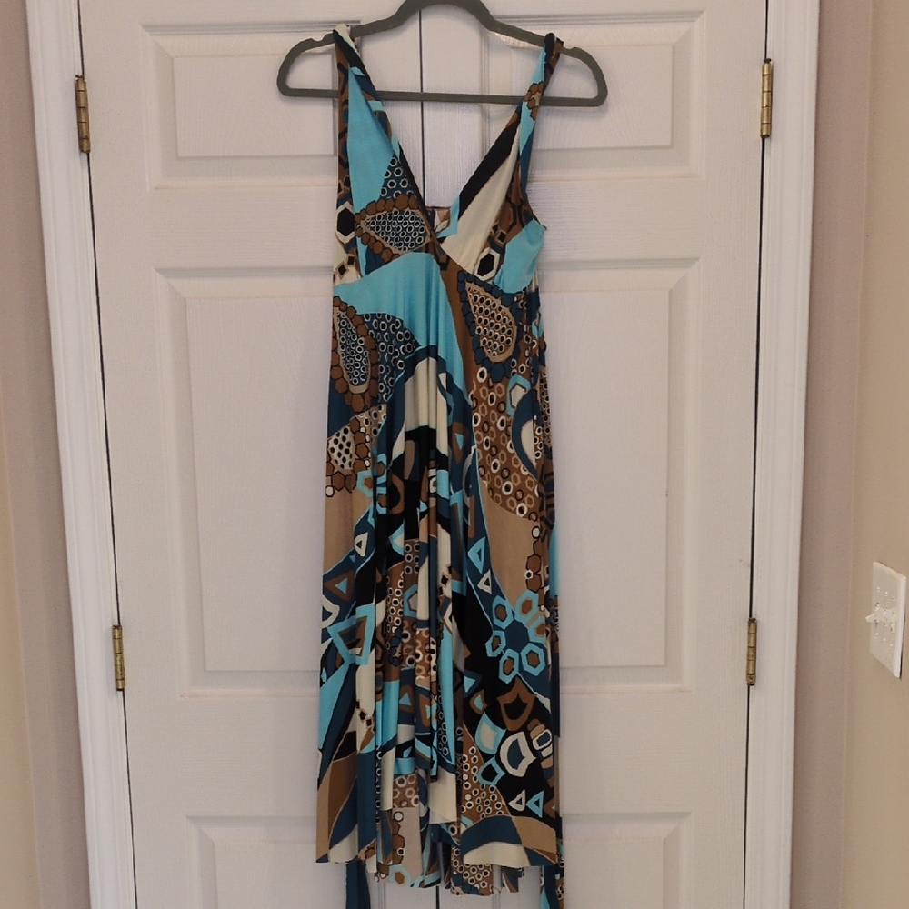 Boho Geometric Blue and Brown High Low Dress